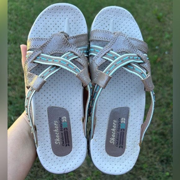 Skechers Reggae Gray & Teal leather Women's Slide Sandals Sz-6. Q - Picture 8 of 13